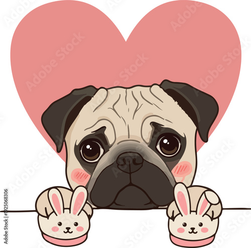Cute Pug Dog With Bunny Slippers Peeking Over Edge Pink Heart Background