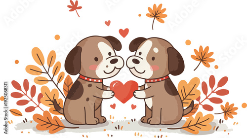 Cute Puppies Love Autumn Leaves Heart Vector Illustration Flat Design