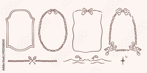 Hand drawn lake life frames and dividers set. Nautical rope borders with bows and fish motifs.