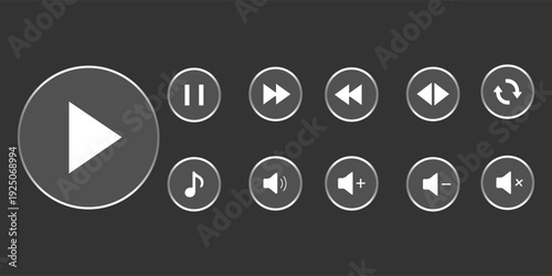 Liquid glass effect Modern UI Design Elements for Media Player Icons with Play, Pause, Volume, and Music Controls for UI/UX Video and Audio Design