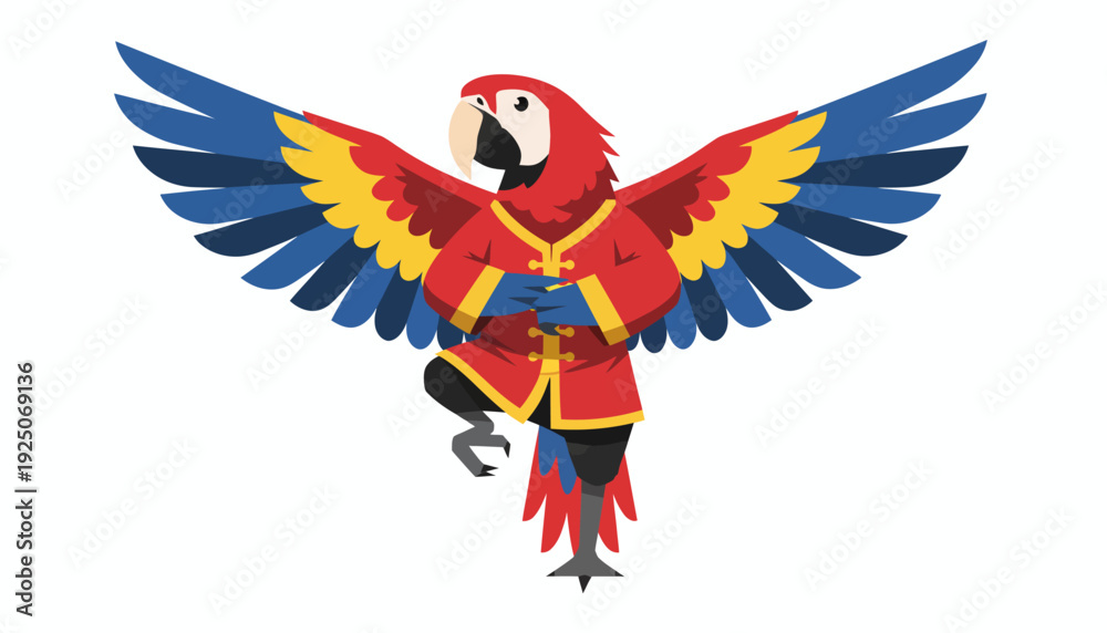 Obraz premium Vibrant red macaw illustration in a dynamic martial arts pose, showcasing an energetic parrot in a traditional fighting stance, perfect for playful and unique graphic designs