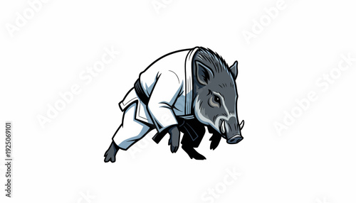 Dynamic illustration of a powerful wild boar dressed in a traditional martial arts gi and black belt, showcasing determination and discipline in a combative pose