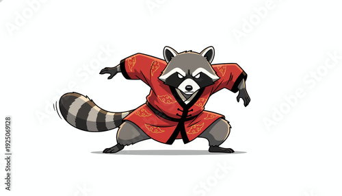 Martial arts raccoon in traditional Chinese clothing performing a fighting stance, illustration