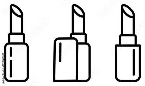 Minimalist black line icons of lipsticks in three unique styles. Ideal for beauty blogs, cosmetic branding, and makeup tutorials. Versatile vector art for modern web and print design projects.