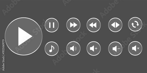 Liquid glass effect Modern UI Design Elements for Media Player Icons with Play, Pause, Volume, and Music Controls for UI/UX Video and Audio Design