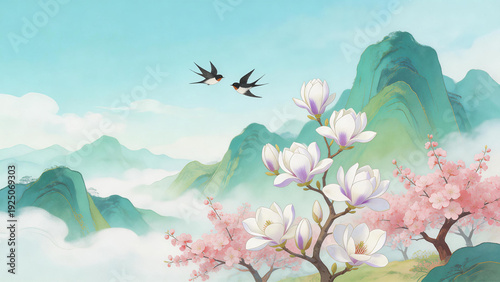 Traditional Chinese-style landscape painting featuring magnolias, cherry blossoms, swallows, and misty mountains, evoking spring serenity and natural beauty.