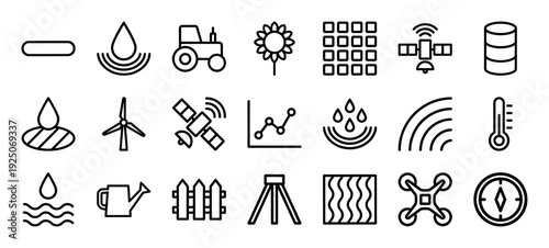 Smart farming and precision agriculture monoline icons featuring agritech sensors, satellite monitoring, autonomous drones, and sustainable irrigation systems.