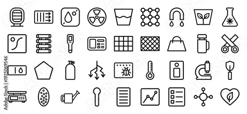 Scientific laboratory and industrial research monoline icons featuring biotechnology, chemical processing, and environmental monitoring equipment for technical diagrams.