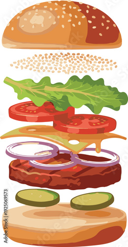 A colorful illustration of a hamburger with various ingredients separated
