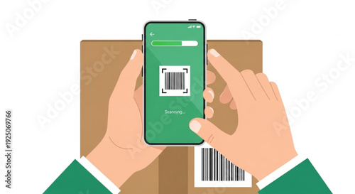Smartphone Barcode Scanning on Package for Contactless Delivery Verification Vector Illustration
