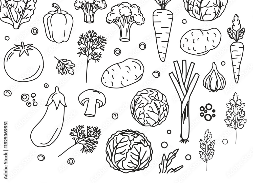 Obraz premium A variety of vegetables illustrations including broccoli, carrot, and mushroom