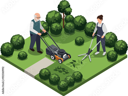 Elderly Man Mowing Lawn Green Bushes Woman Trims Bushes Isometric Garden
