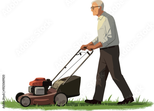 Elderly Man Mowing Lawn With Red Mower Flat Style