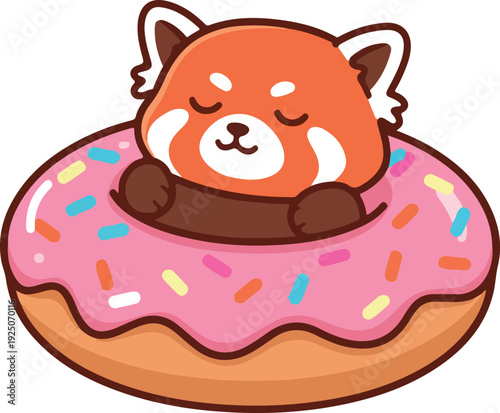 Cute Red Panda Sleeping In Pink Sprinkled Donut Vector Art