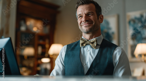 Cordial Hotel Reception: A smiling hotel staff member, dressed in a formal attire, stands at the reception desk, projecting warmth and hospitality in a well-appointed hotel setting.