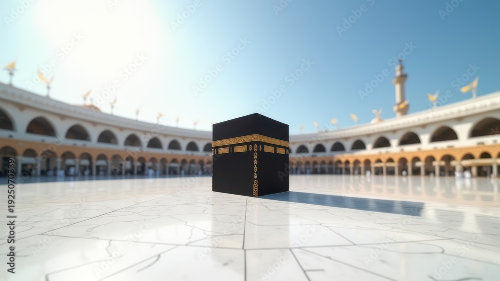 Obraz premium kaaba in mecca on white marble square with clear sky and bright sunlight empty surrounding view from floor concept of religious tourism, spiritual photography, islamic heritage