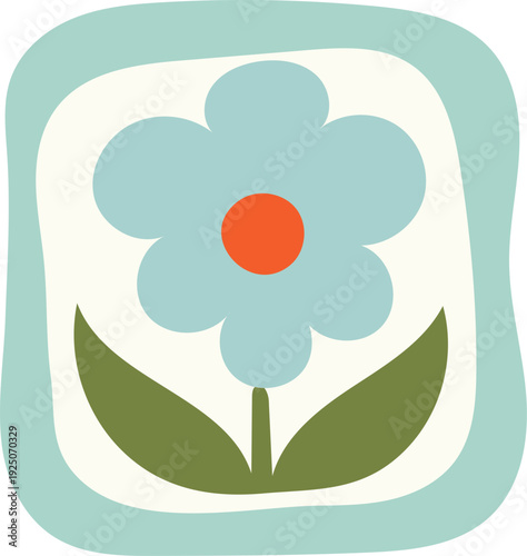 A stylized illustration of a mint green flower with red center and leaves