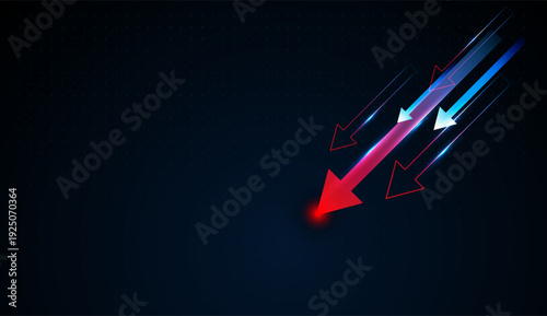 Downward Multiple arrows shine with electric light, with Bright arrows stretch falling down with luminous trails, and Multiple arrows shine with electric light, expressing rapid progress