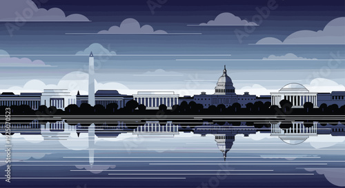 Washington D.C. skyline with the Capitol Building, Washington Monument, and other government buildings reflected in the Potomac River.