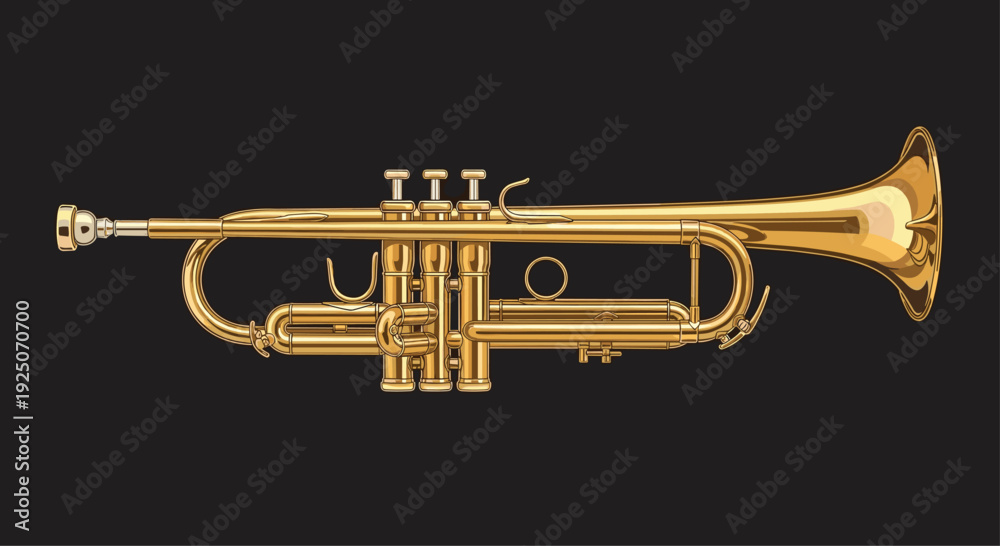 Obraz premium A shiny golden brass trumpet with valves and a mouthpiece is positioned horizontally on a plain dark black background.
