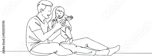 Father Holding Baby Tenderly On Lap Simple Line Art Vector