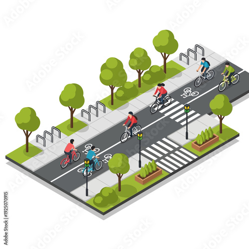 Cyclists riding on a bike path with trees and crosswalks.