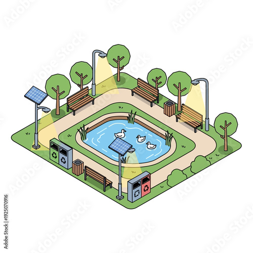 Isometric illustration of a serene park with a pond and modern amenities.