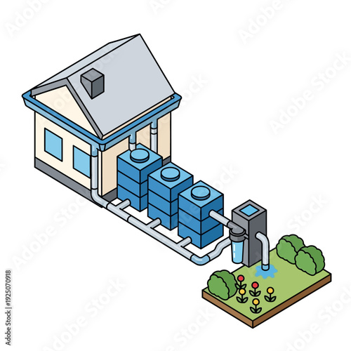 Illustration of a house with a water filtration system and garden.