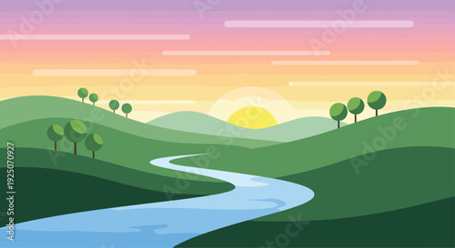 Serene landscape illustration with rolling green hills, small trees, a winding river, and a colorful sunset sky.