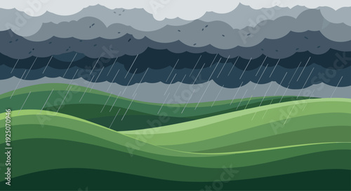 Rolling green hills landscape under a dark, stormy sky with rain falling from heavy clouds.