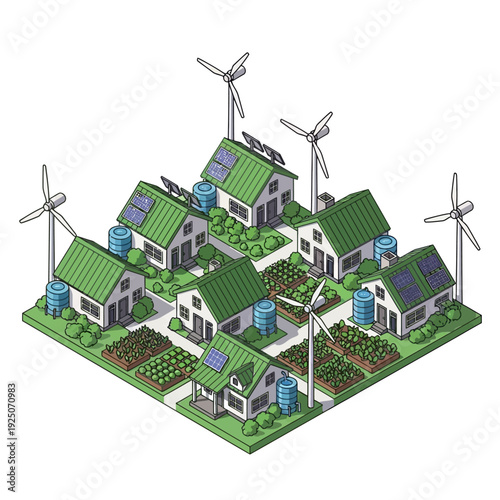 Sustainable eco-friendly village with renewable energy sources and green homes.