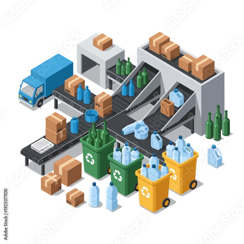 Recycling facility sorting plastic bottles and cardboard boxes.