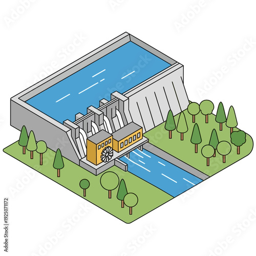 Hydroelectric Dam Power Generation Facility with Reservoir and Surrounding Landscape.