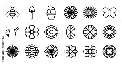 Garden and floral design elements featuring botanical patterns, bee, and butterfly. Minimalist monoline icons for landscaping and springtime aesthetics.