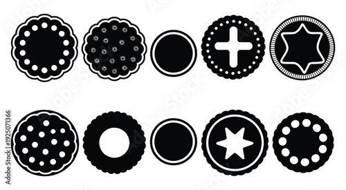 Black and white illustration of assorted patterned round cookies arranged in neat composition