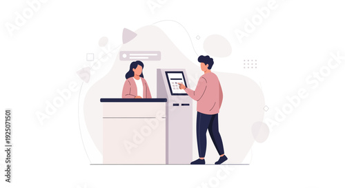 Customer Using Self-Service Kiosk at Information Desk