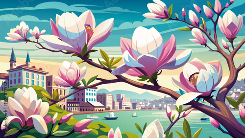 Very beautiful close-up magnolia blossoms in full bloom with Charleston’s coastal charm softly unfolding in the distance.
