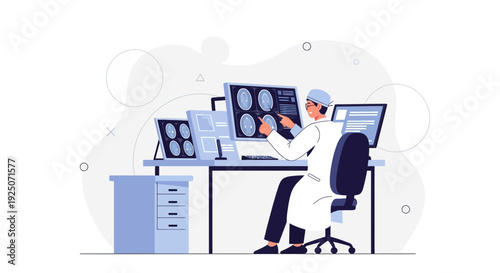 Doctor Analyzing Brain Scans on Computer Screen in Medical Office
