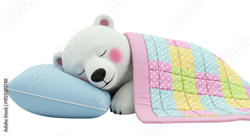 Cute cartoon polar bear sleeping peacefully on a blue pillow under a colorful polka dot blanket