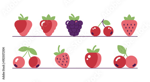 Assorted fruits arranged on shelves, showcasing strawberries, cherries, and grapes in a still life illustration from a front viewpoint