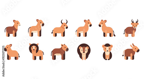 Collection of various cartoon animals including mammals and wild beasts displayed in a grid pattern on a plain background
