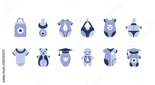 Collection of baby clothes and accessories displayed in a grid arrangement.