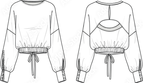 Flat sketch of long sleeve cropped blouse with drawstring waist, open back cutout, button cuffs, CAD drawing vector fashion illustration