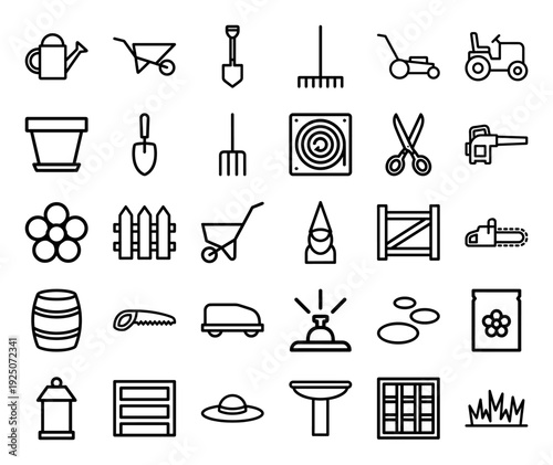 Professional gardening and landscaping maintenance tools in technical monoline style. Chunky geometric outline icons for horticultural equipment and backyard care concepts.