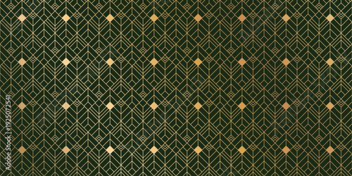 Luxury art deco vector seamless pattern background with gold lattice diamonds on dark green. Elegant design for wallpaper, packaging, branding.