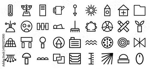 Abstract monoline pictograms for industrial workflow and environmental management. Minimalist geometric symbols featuring agricultural, laboratory, and data organization concepts.