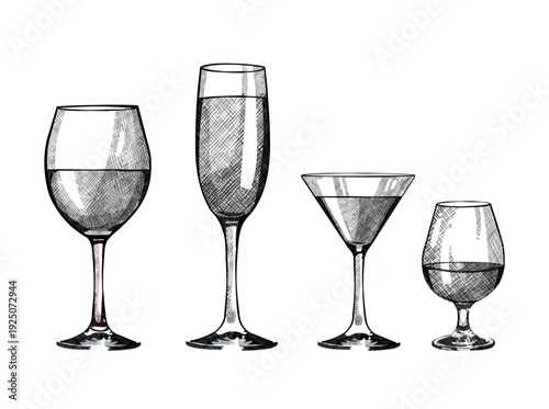 Set of hand drawn sketches of alcohol glasses: wine, champagne, martini, and cognac. Vector illustration 