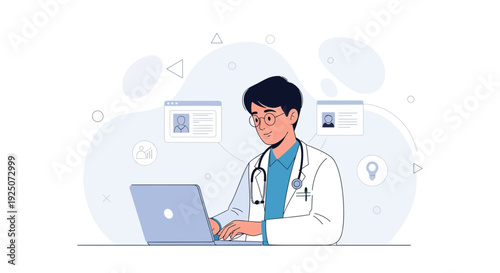 Doctor Working on Laptop, Online Medical Consultation, Healthcare Technology
