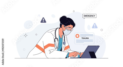 Doctor in mask using tablet for trauma care, emergency medical concept