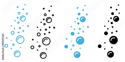 Water fizzy drink, water bubble white, black and blue pictogram. Effervescent Champagne, sphere foam, aquarium. Drops line icons. Soap symbol. Isolated Vector Illustration.